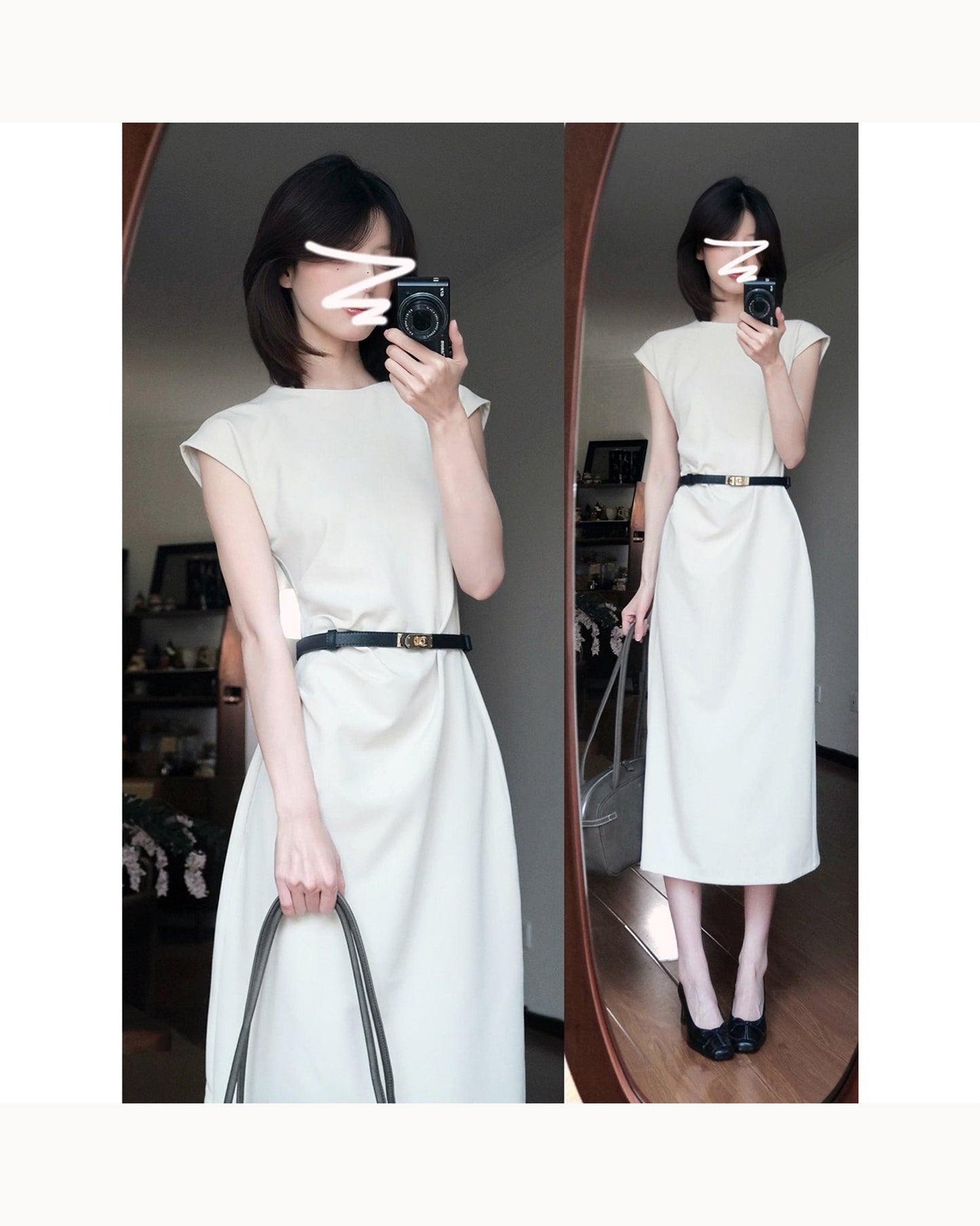 Cream with Belt Belted Polka Dot Midi Dress – color view