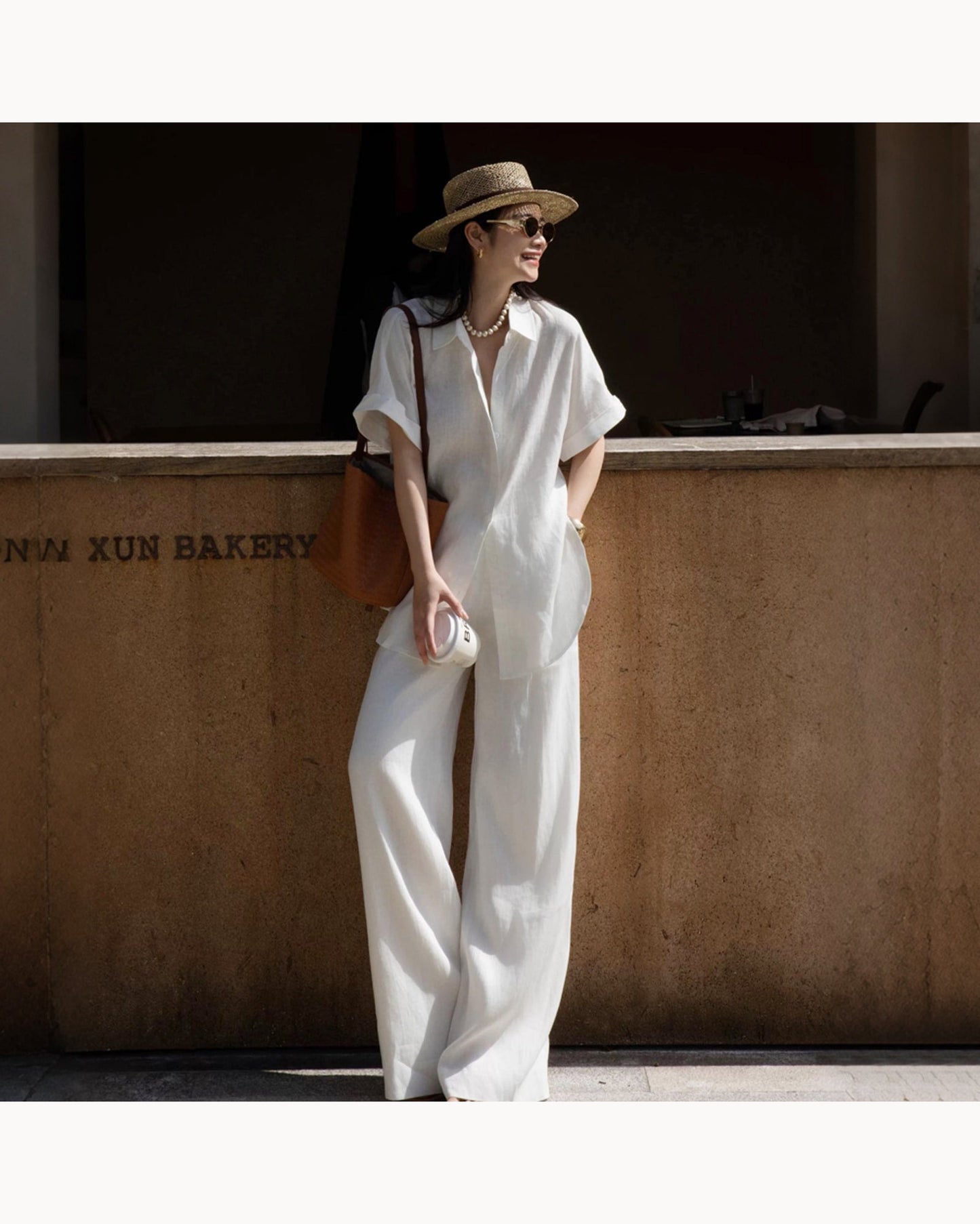 White Set Linen Blend Shirt & Wide-Leg Pant Set – color view