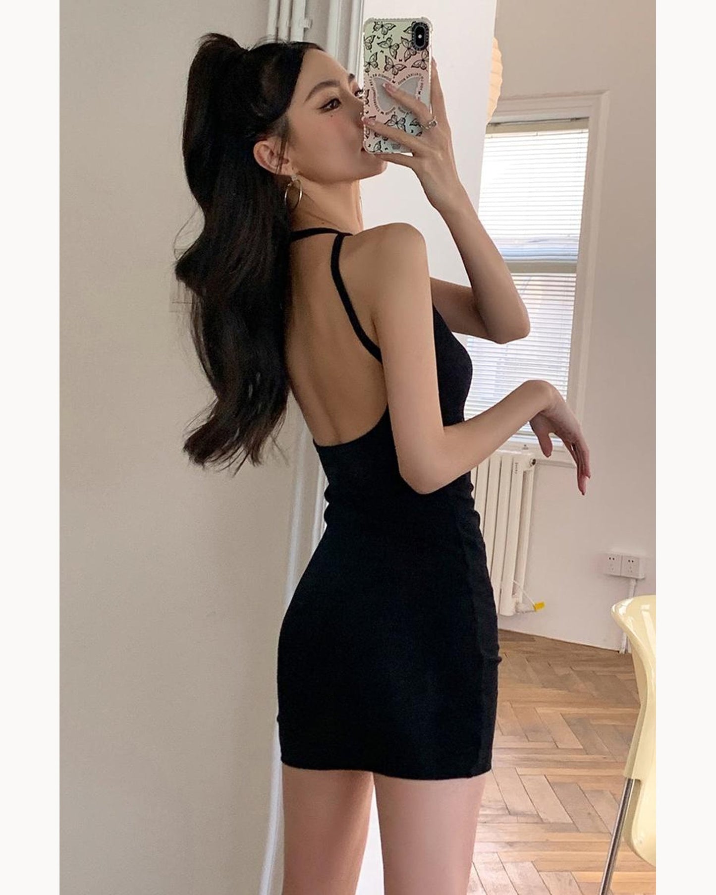 Black Open-Back Halter Mini Dress – alternate view 5