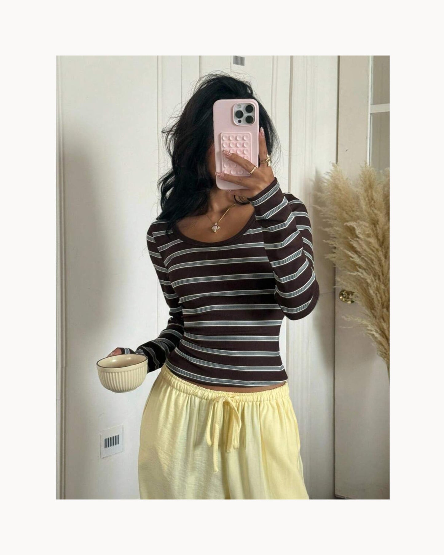 Brown Striped Wide-Neck Fitted Tee – detail view