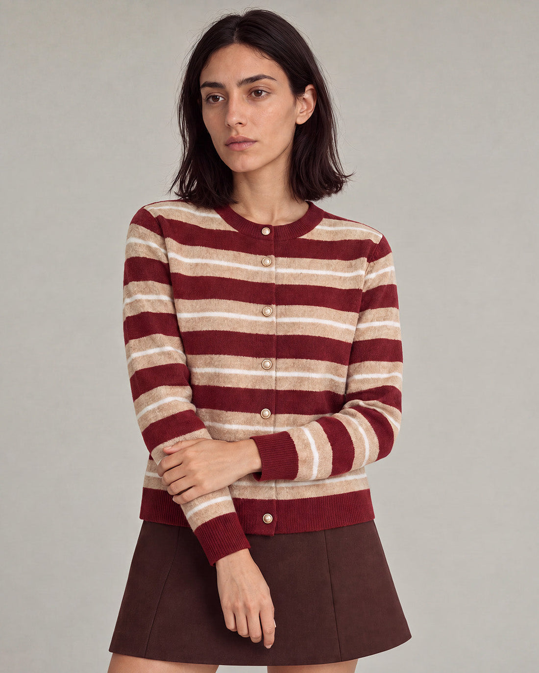 Red striped crewneck button cardigan styled for fall.