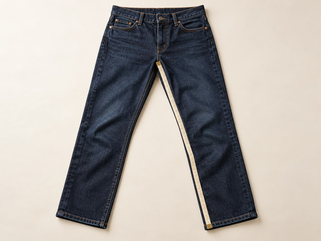 Jeans laid flat with a measuring tape following one inside leg from the crotch seam junction to the hem.