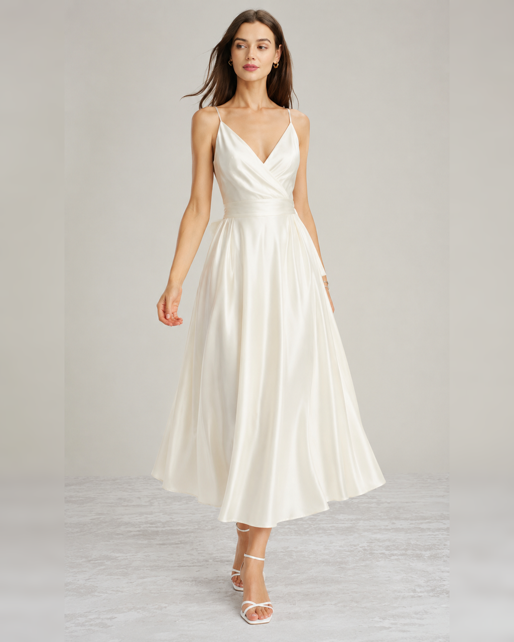 White open-back satin-look maxi dress, walking front view