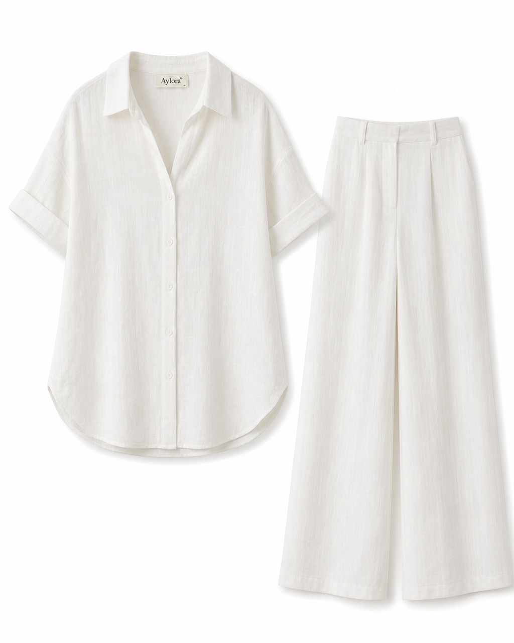 White linen-blend shirt and wide-leg pant set, product-only view