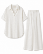 White linen-blend shirt and wide-leg pant set, product-only view