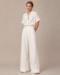 White linen-blend shirt and wide-leg pant set, full front view