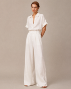 White linen-blend shirt and wide-leg pant set, full front view