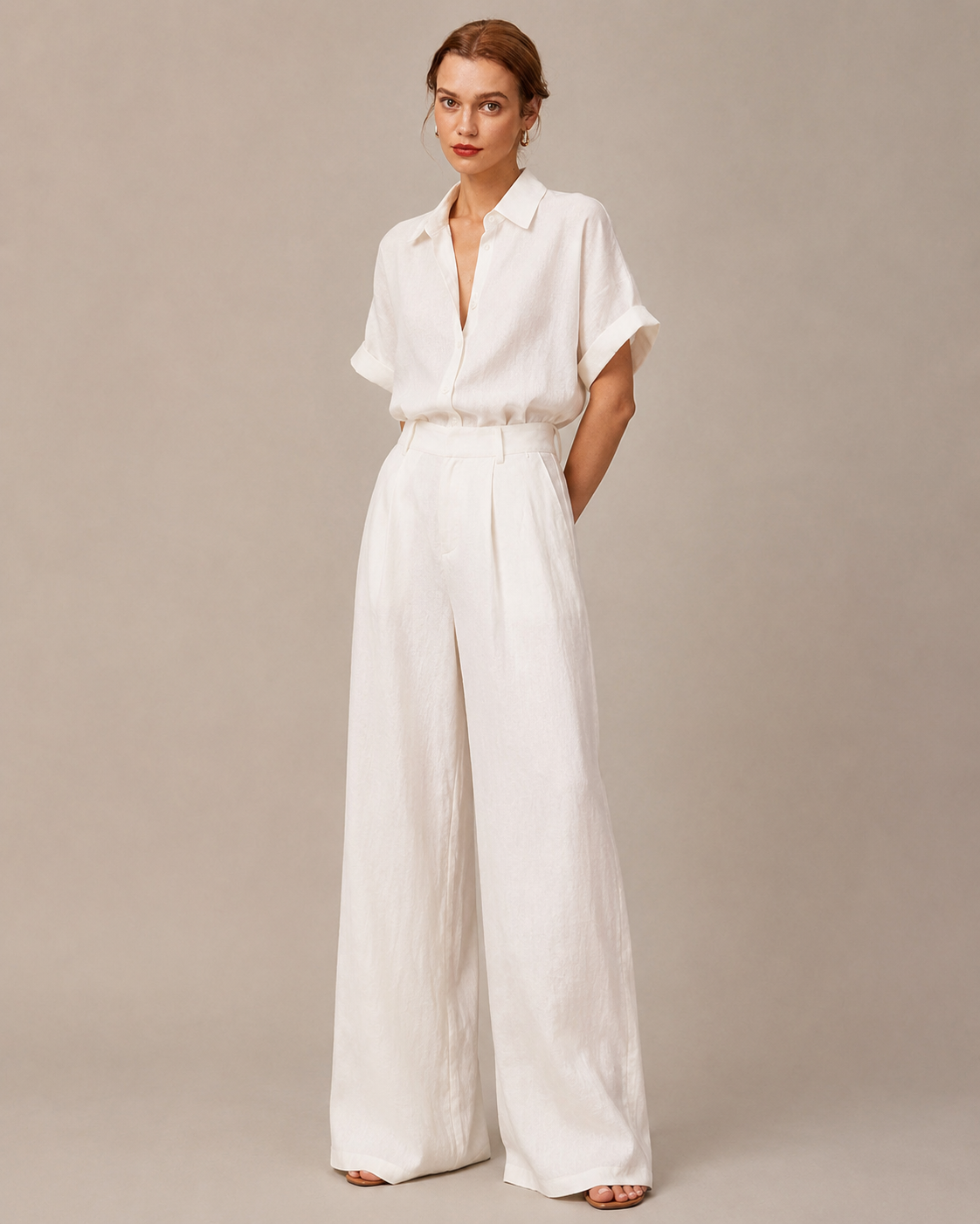 White linen-blend shirt and wide-leg pant set, full front view