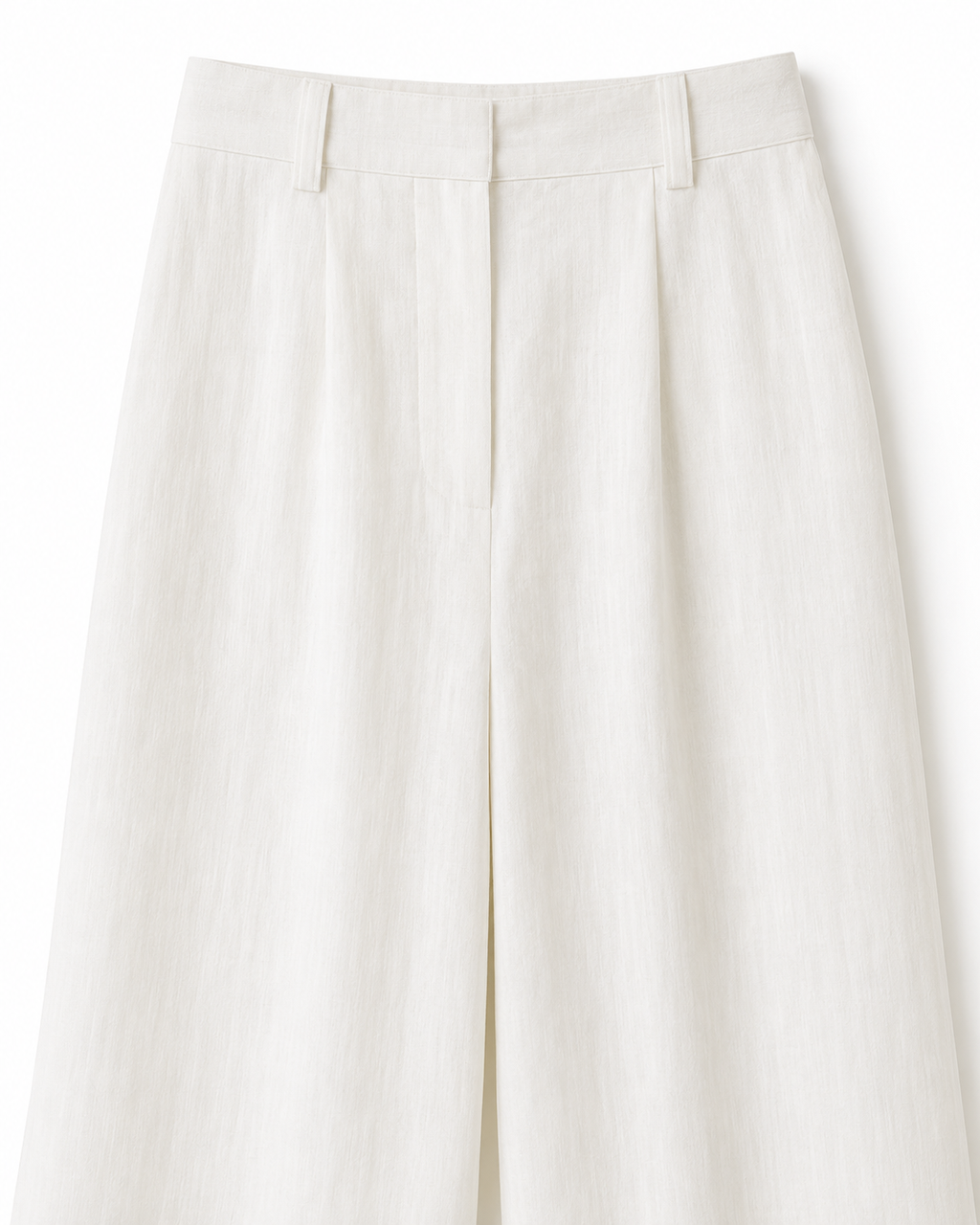 White linen-blend wide-leg pants, waistband detail