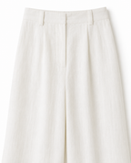 White linen-blend wide-leg pants, waistband detail