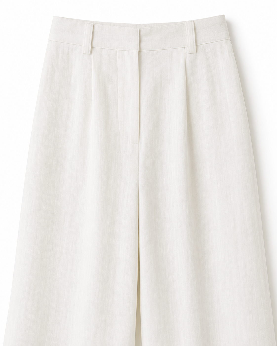 White linen-blend wide-leg pants, waistband detail