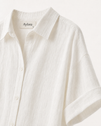 White linen-blend shirt, collar and sleeve detail