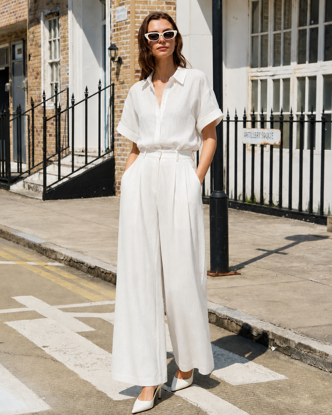 White linen-blend shirt and wide-leg pant set styled outdoors