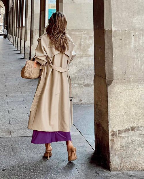 Double-Breasted Longline Trench Coat in Khaki