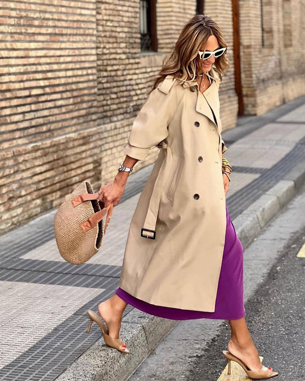 Double-Breasted Longline Trench Coat in Khaki