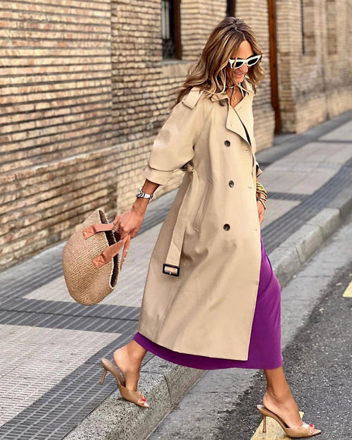Double-Breasted Longline Trench Coat in Khaki