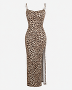 Leopard-print open-back midi dress, product-only front view
