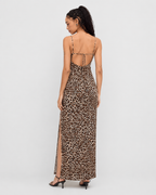 Leopard-print open-back midi dress on model, full back view