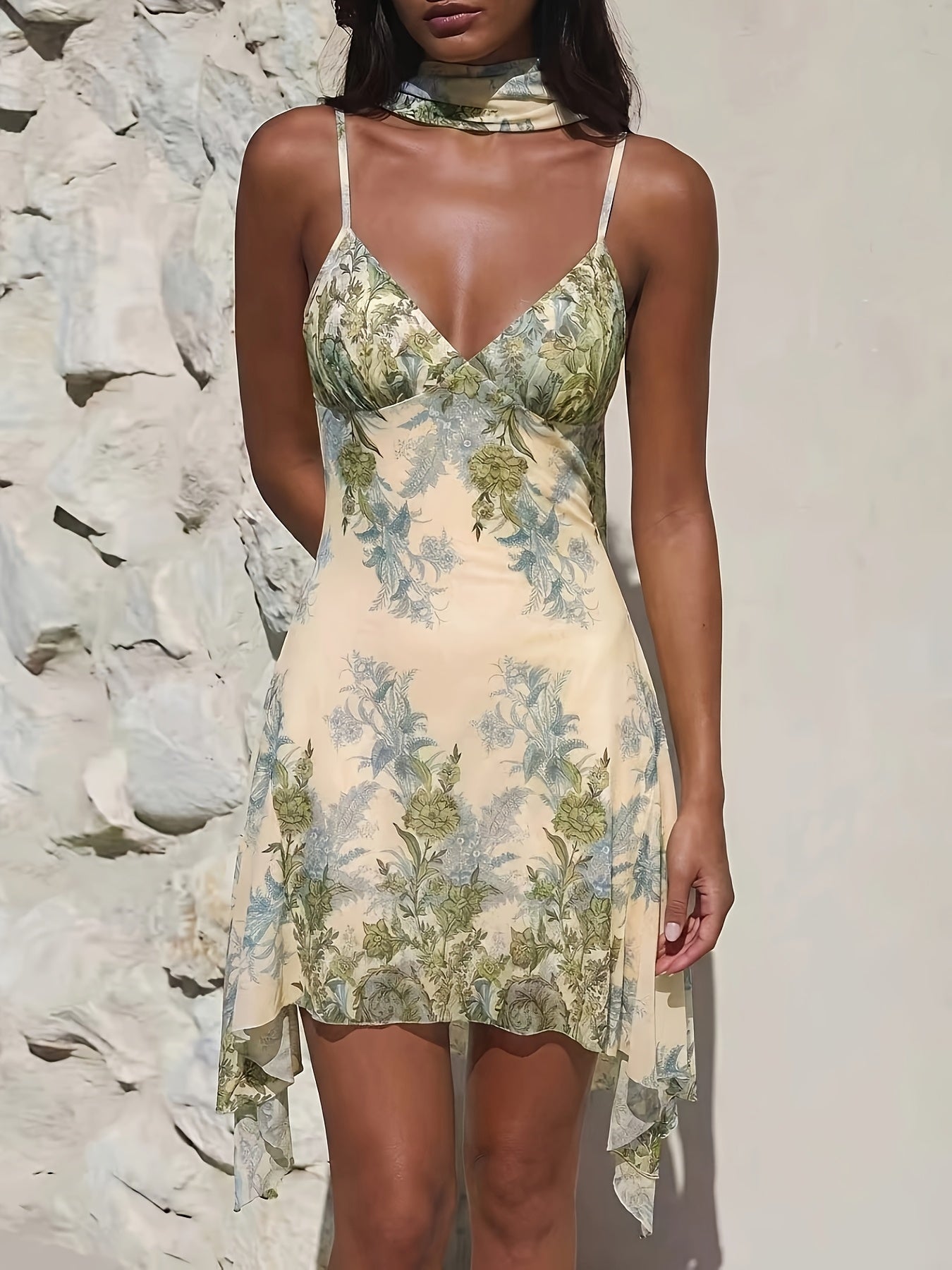 Multi-color printed tie-strap mini dress, full front view