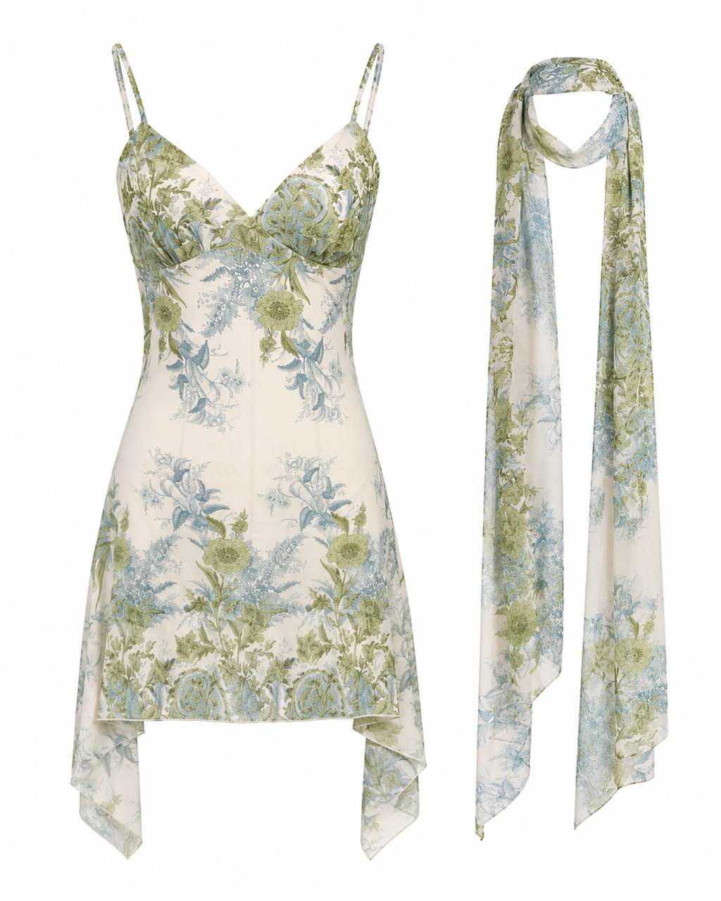 Multi-color printed tie-strap mini dress and scarf, product-only view