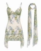 Multi-color printed tie-strap mini dress and scarf, product-only view