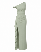 Teal one-shoulder ruffle maxi dress, product-only front view