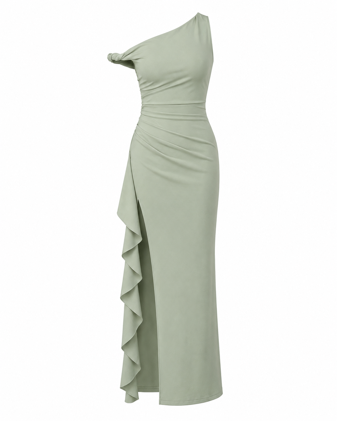 Teal one-shoulder ruffle maxi dress, product-only front view