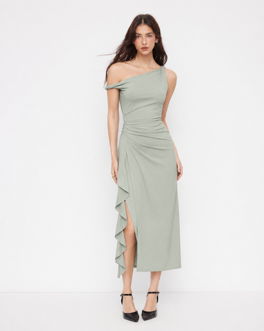 Teal one-shoulder ruffle maxi dress, full front view