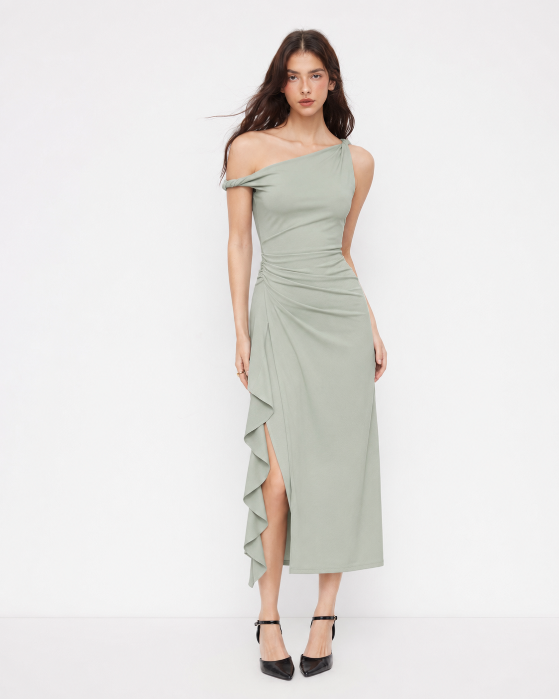Teal one-shoulder ruffle maxi dress, full front view