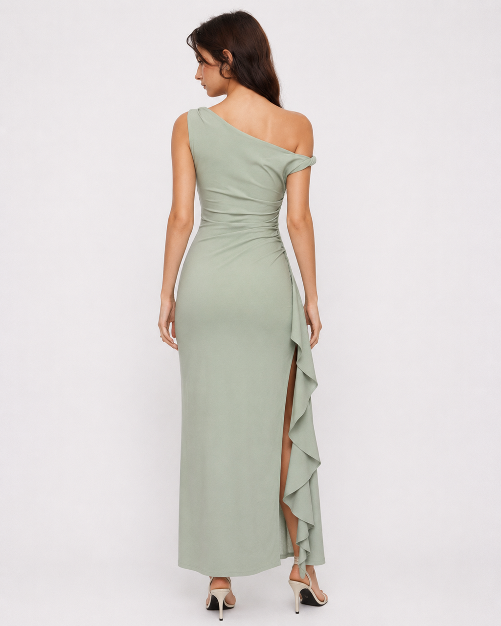Teal one-shoulder ruffle maxi dress, full back view