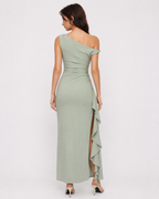 Teal one-shoulder ruffle maxi dress, full back view