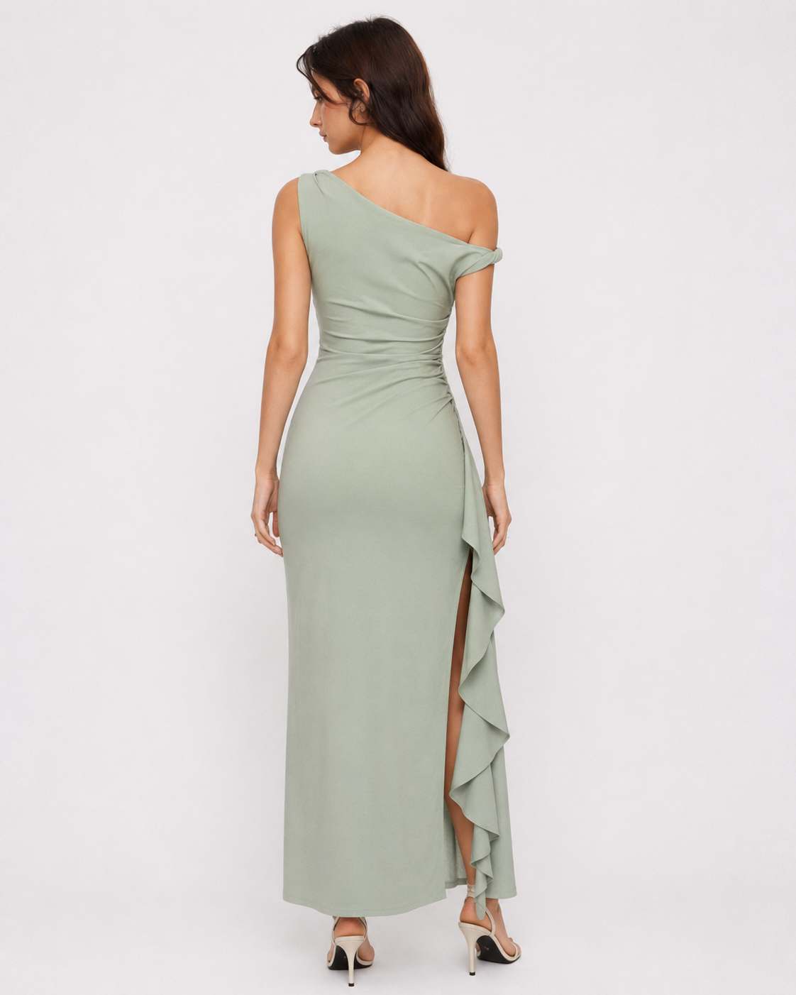 Teal one-shoulder ruffle maxi dress, full back view