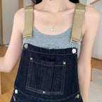 Denim relaxed overall romper, bib and strap detail