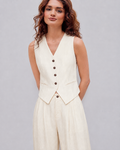 Linen White tailored vest and wide-leg pant set, front view