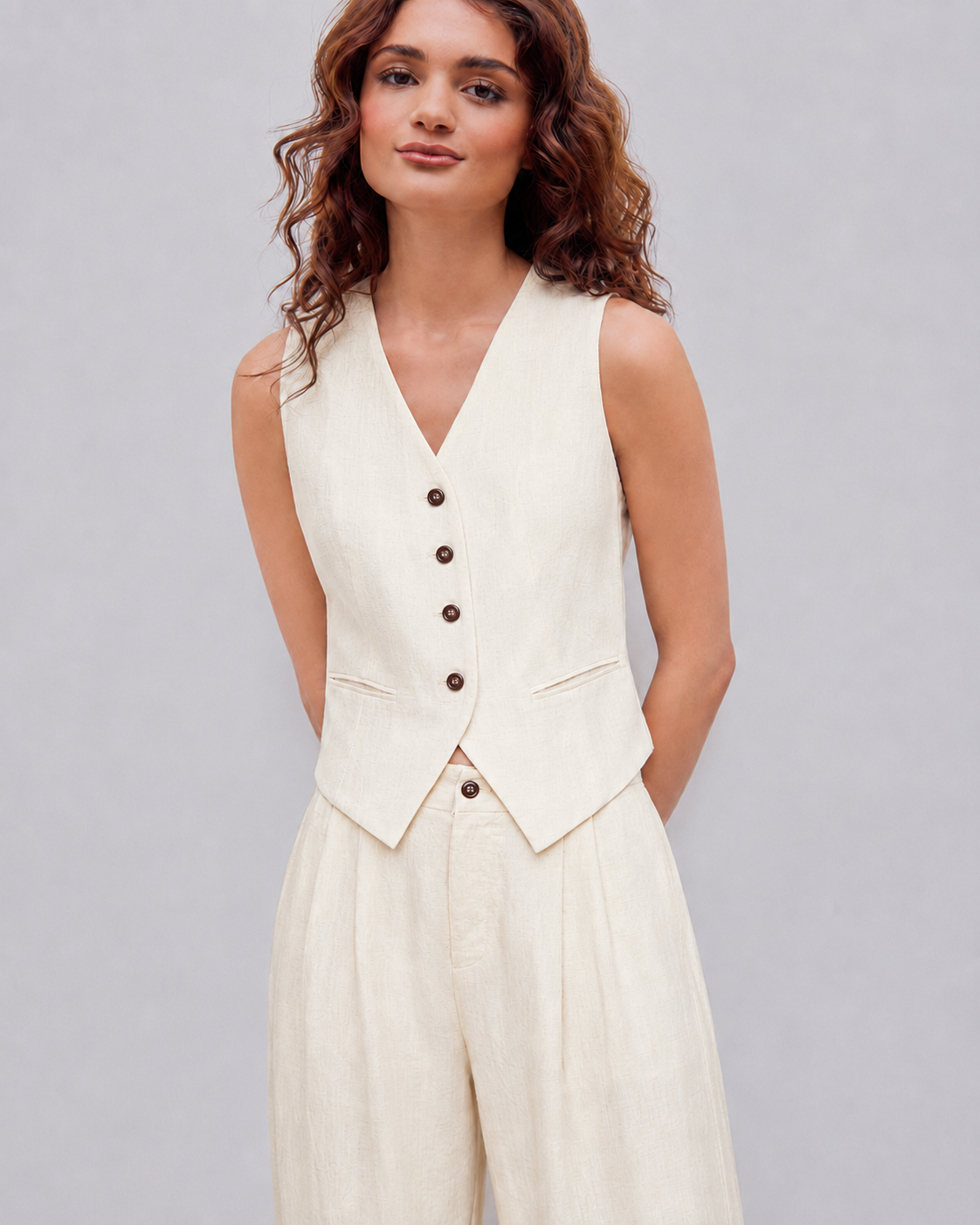 Linen White tailored vest and wide-leg pant set, front view