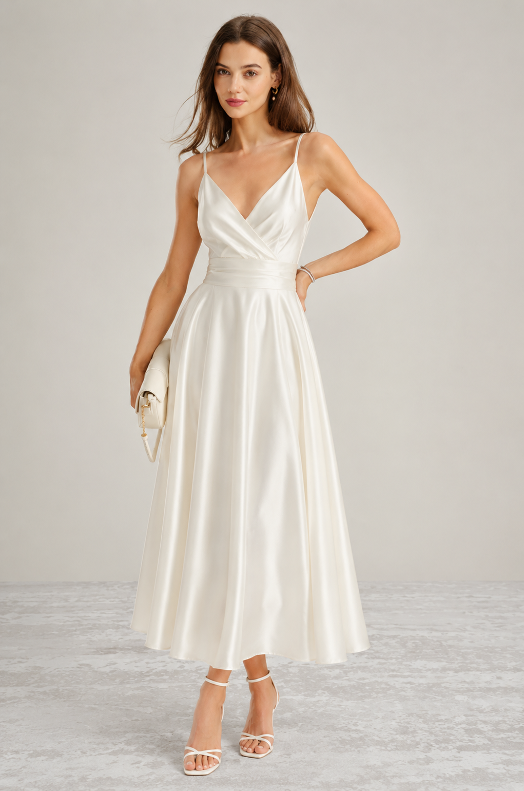 White open-back satin-look maxi dress, hand-on-hip front view