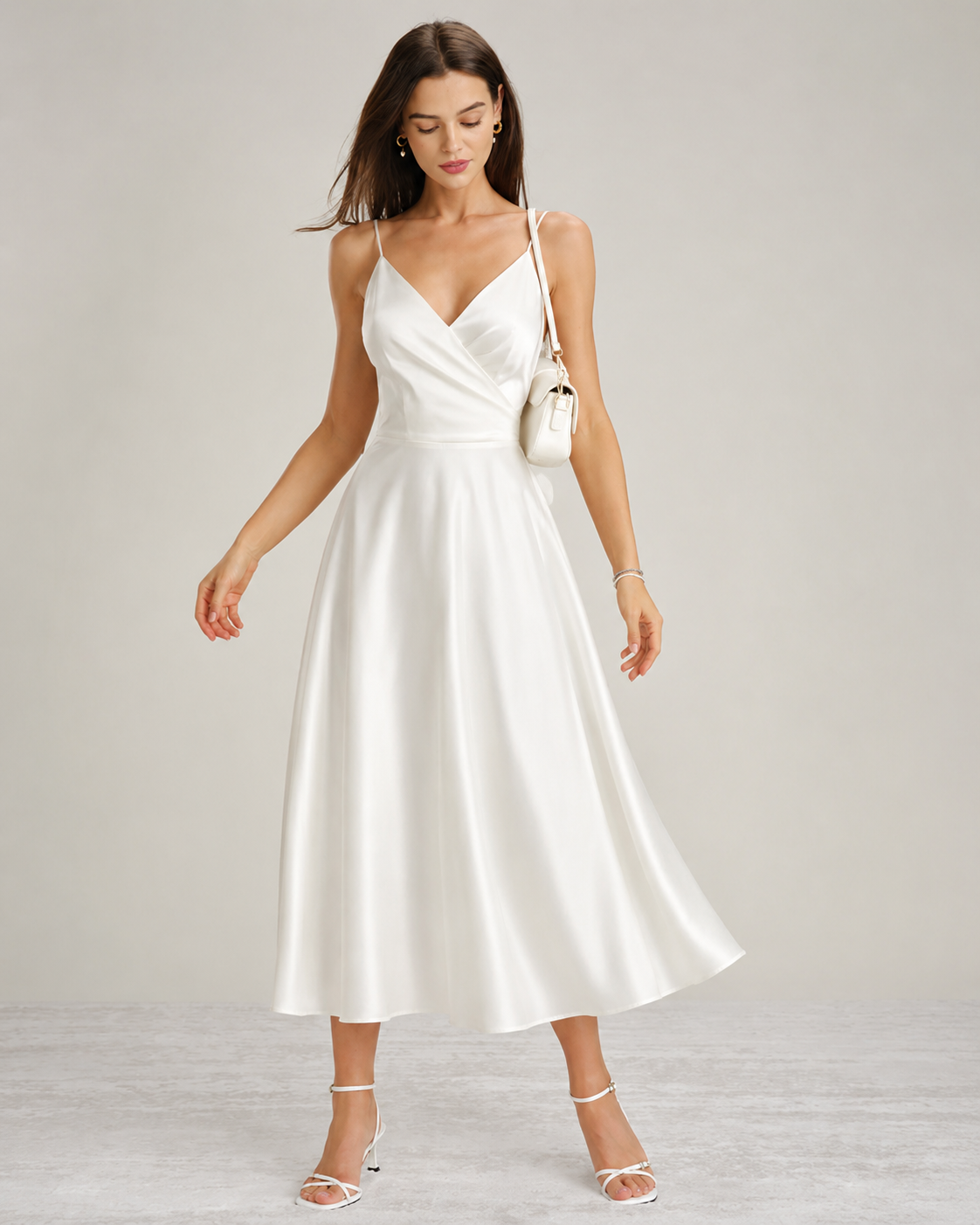 White open-back satin-look maxi dress, downward-gaze front view