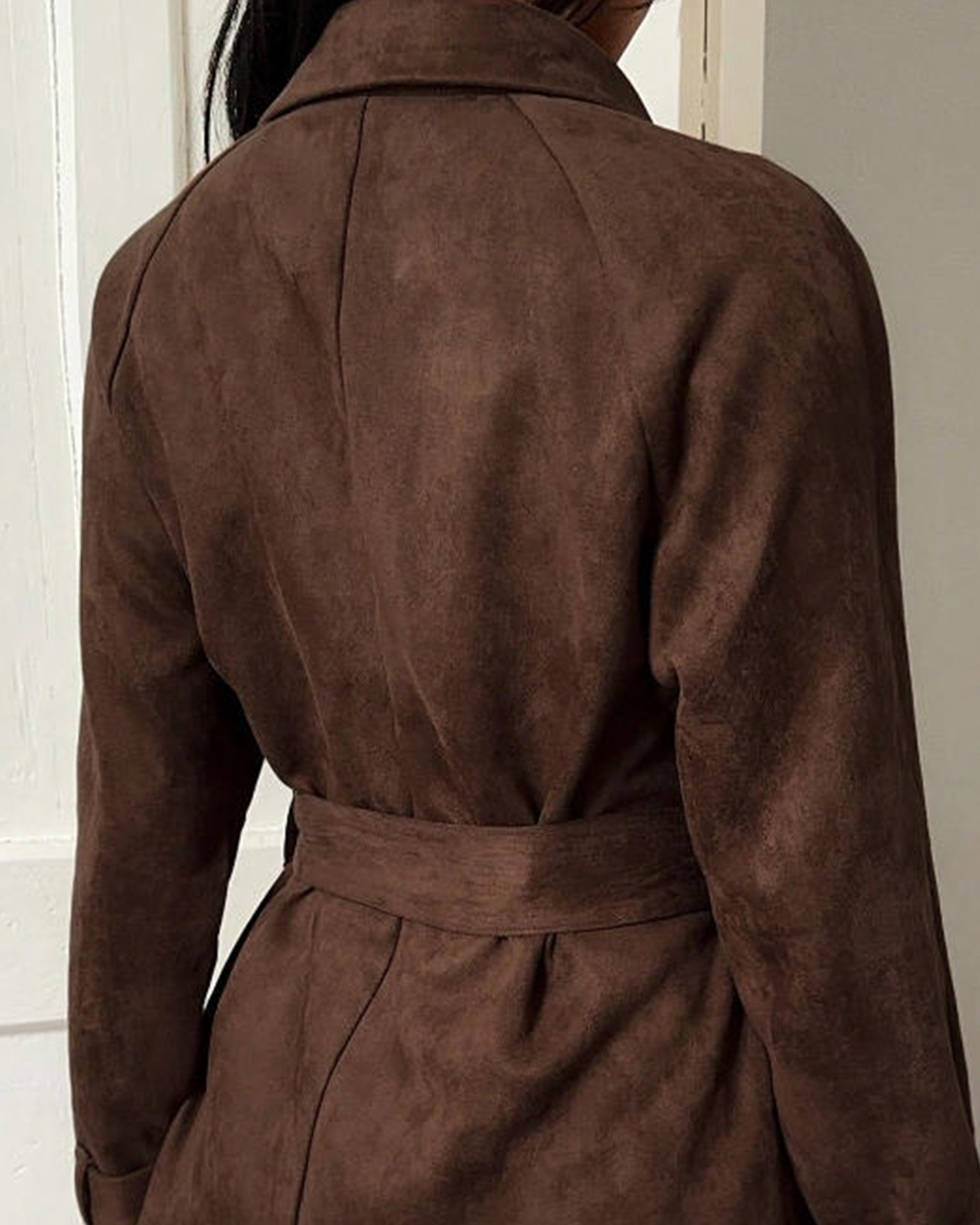 Belted Brown Trench Jacket in Brown — back view