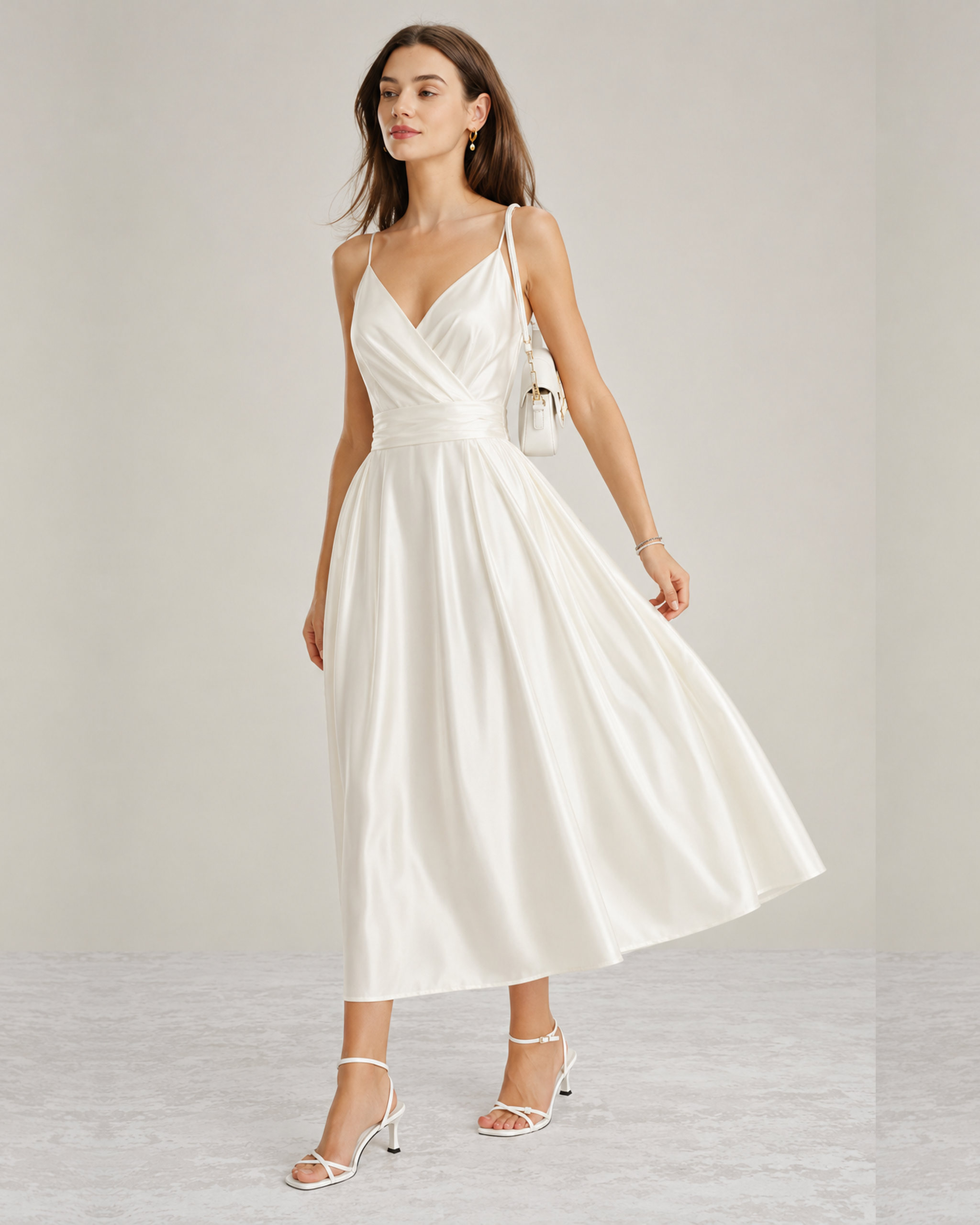 White open-back satin-look maxi dress with handbag, front view