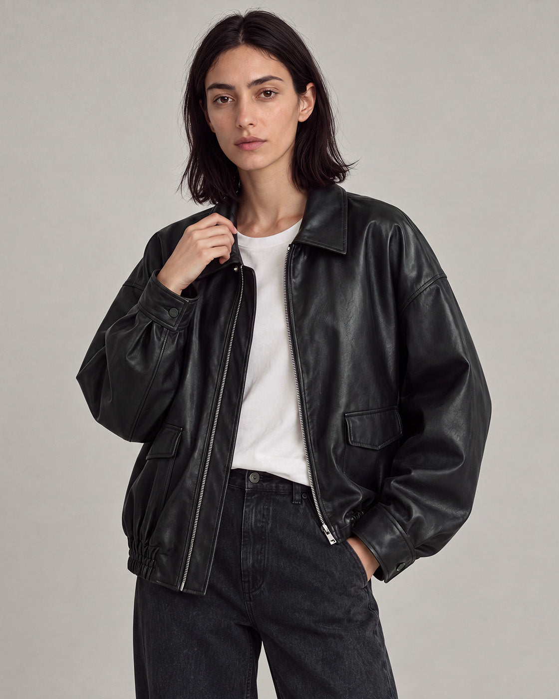 Relaxed Faux-Leather Zip Jacket in Black — model hero