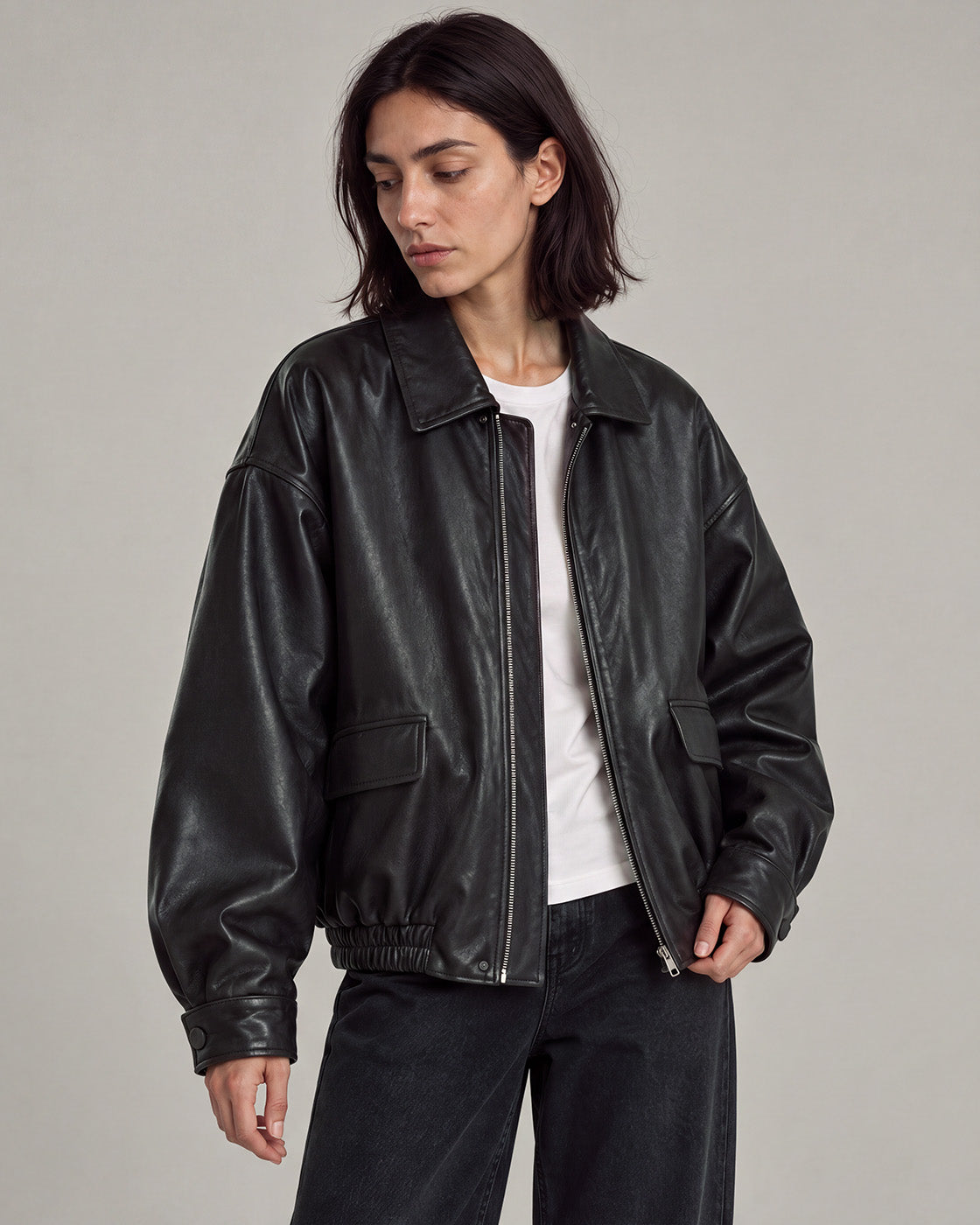 Relaxed Faux-Leather Zip Jacket in Black — model oblique