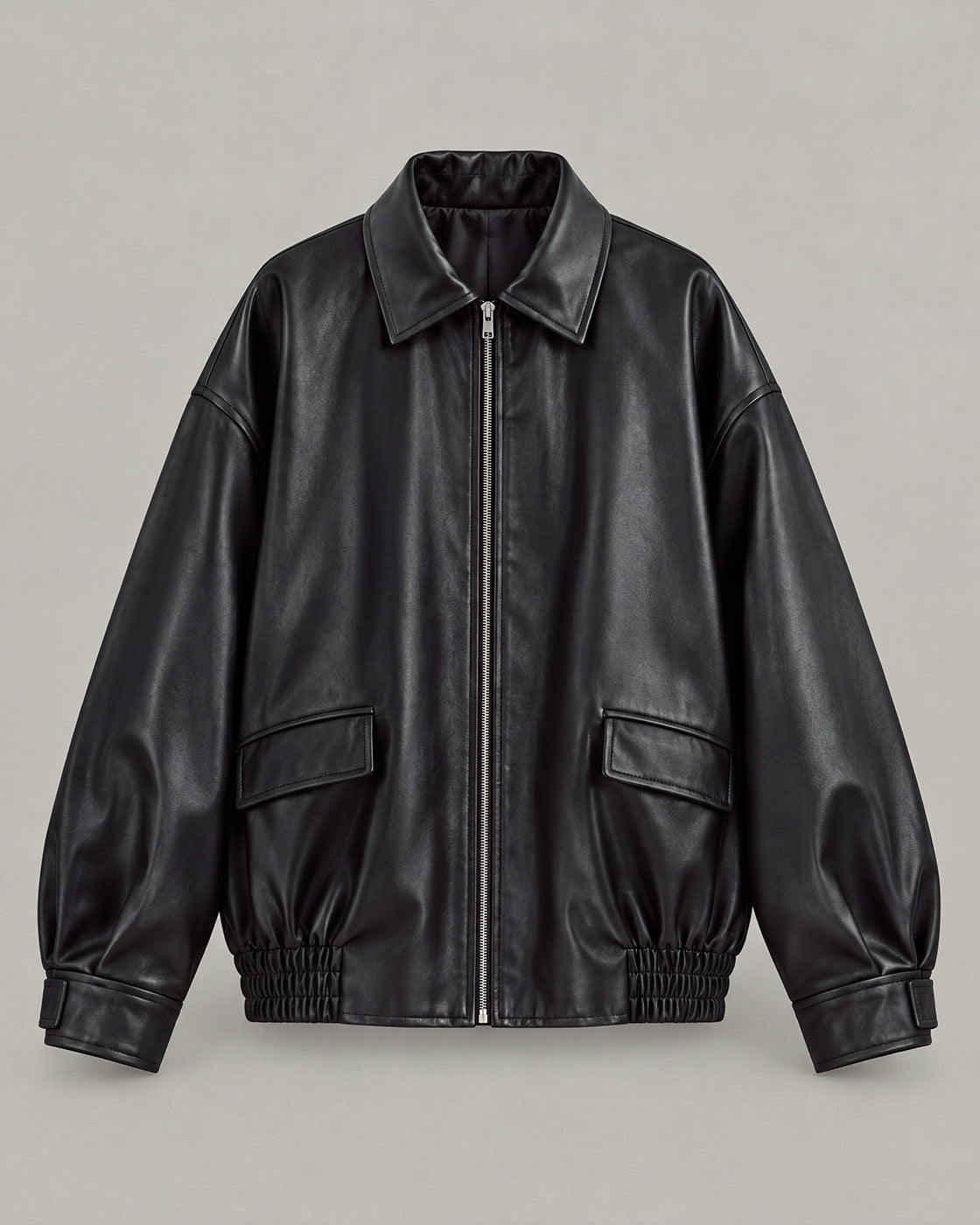 Relaxed Faux-Leather Zip Jacket in Black — product front