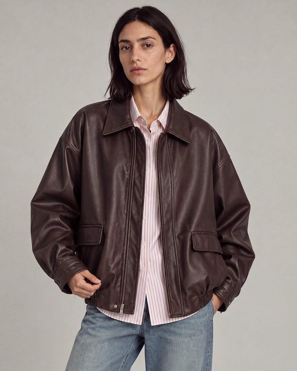 Relaxed Faux-Leather Zip Jacket in Brown — model hero