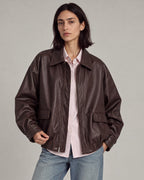 Relaxed Faux-Leather Zip Jacket in Brown — model hero