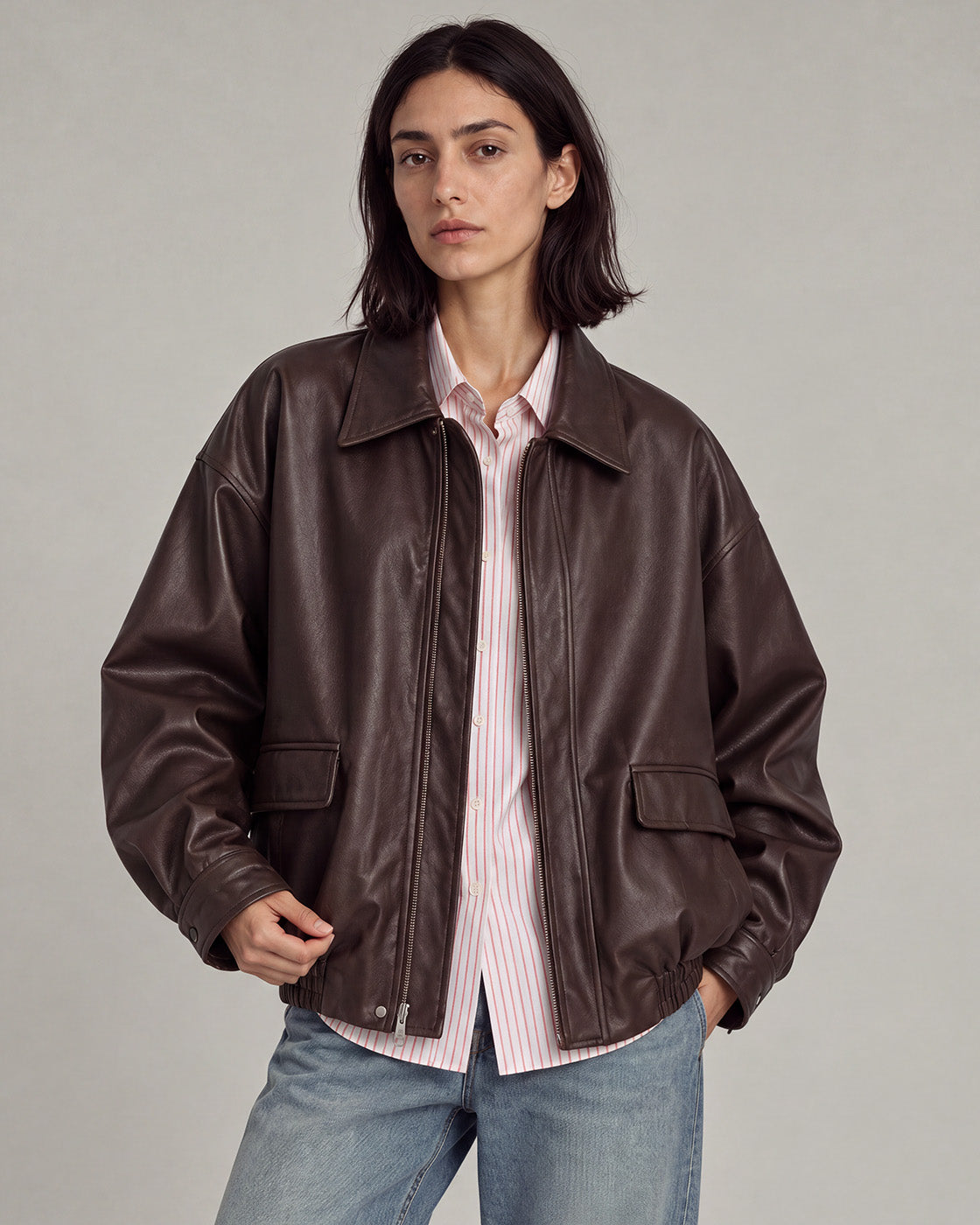Relaxed Faux-Leather Zip Jacket in Brown — model hero