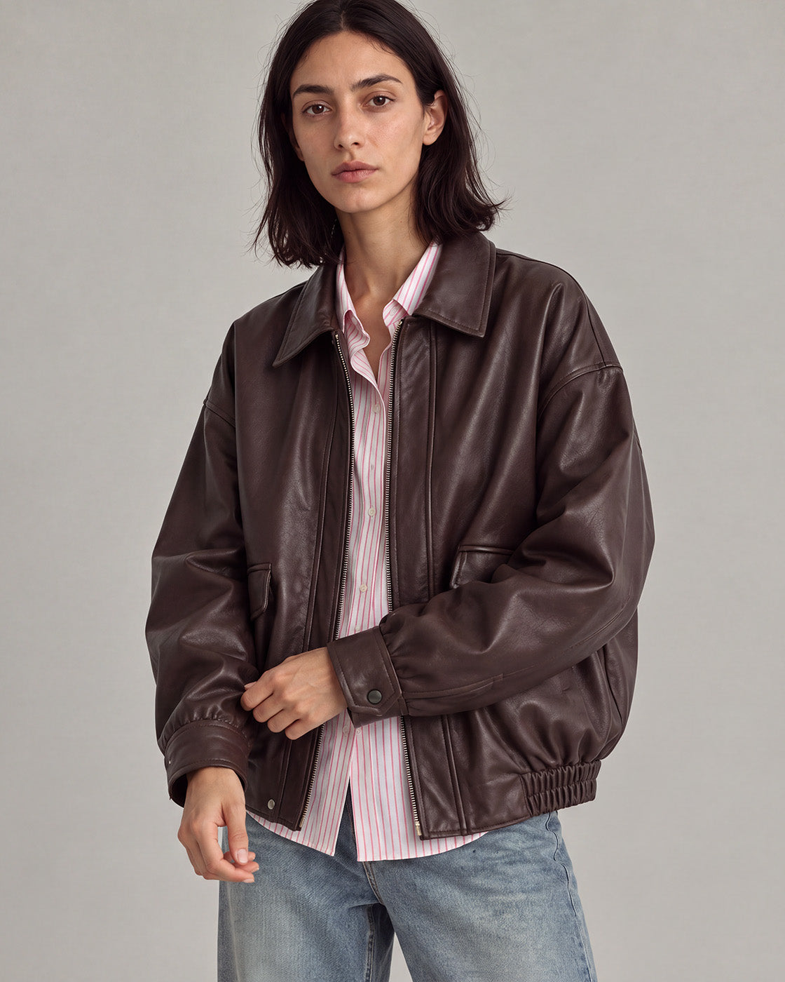 Relaxed Faux-Leather Zip Jacket in Brown — model close