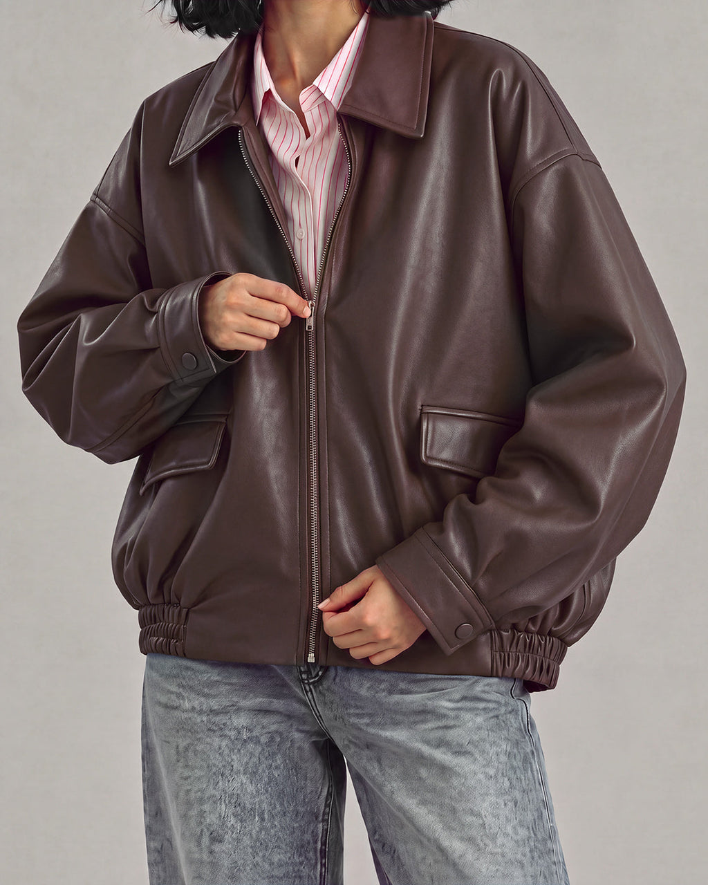 Relaxed Faux-Leather Zip Jacket in Brown — neck down