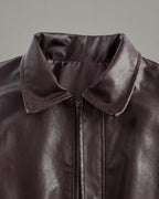 Relaxed Faux-Leather Zip Jacket in Brown — detail collar