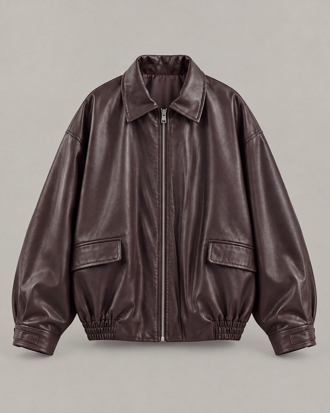 Relaxed Faux-Leather Zip Jacket in Brown — product front