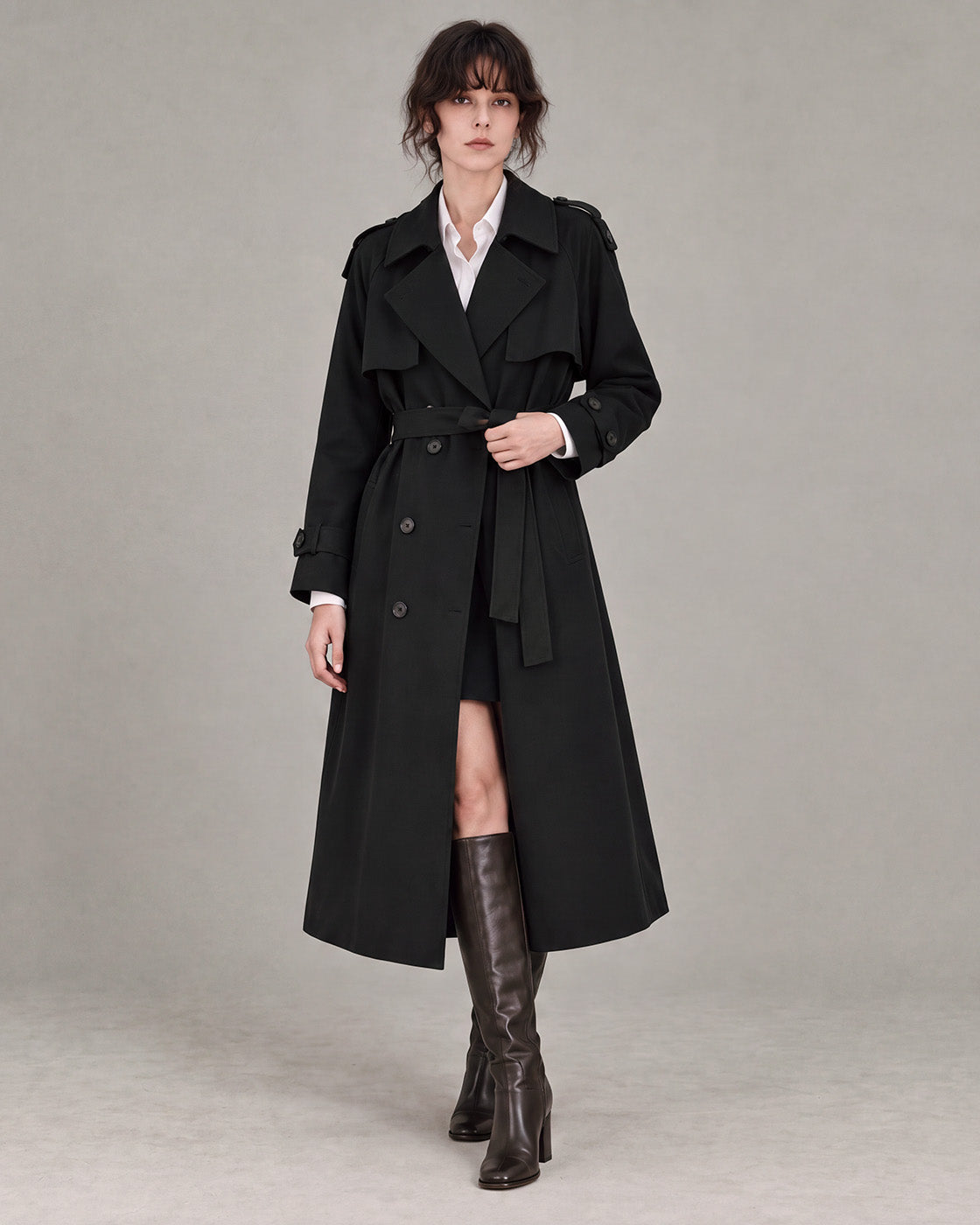 Belted Double-Breasted Trench Coat in Black — model hero